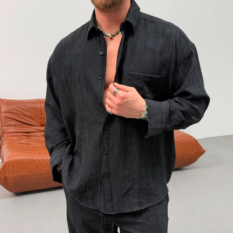 Men's Solid Loose Folds Lapel Long Sleeve Shirt Trouser Casual Set 9928618672312