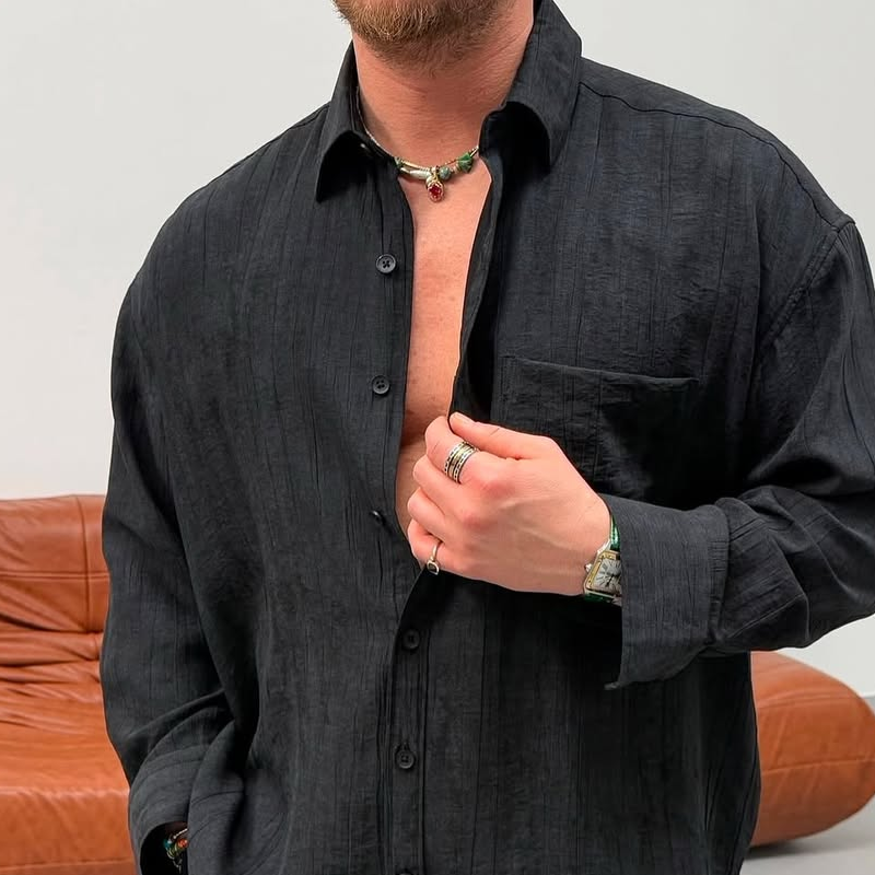 Men's Solid Loose Folds Lapel Long Sleeve Shirt Trouser Casual Set 9928618672312