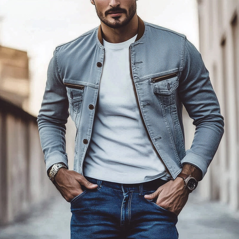 Men's Spring and Autumn Vintage Gray Washed Denim Jacket 9928619262136