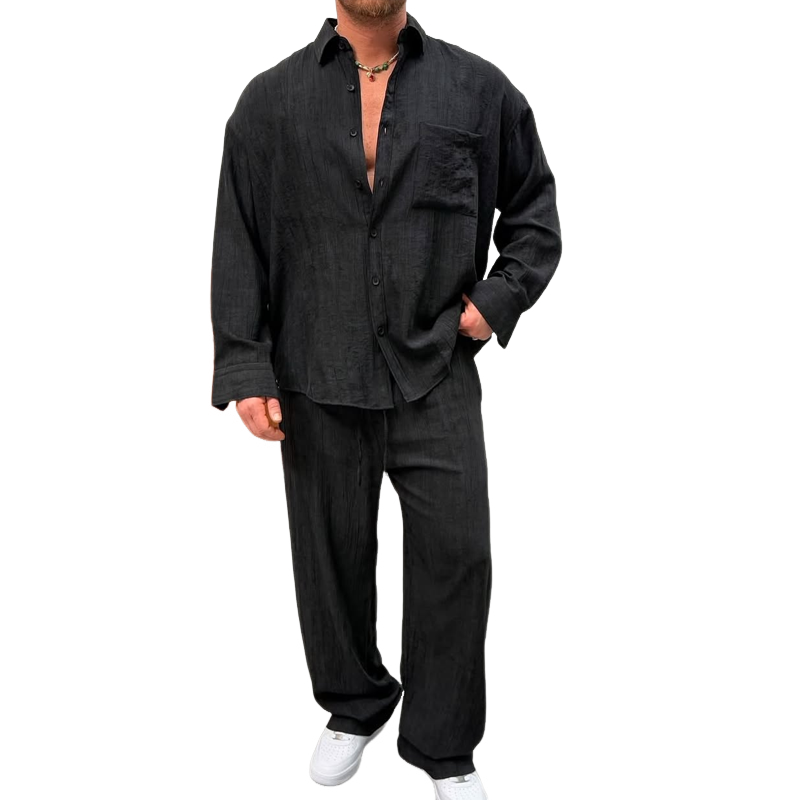 Men's Solid Loose Folds Lapel Long Sleeve Shirt Trouser Casual Set 9928618672312