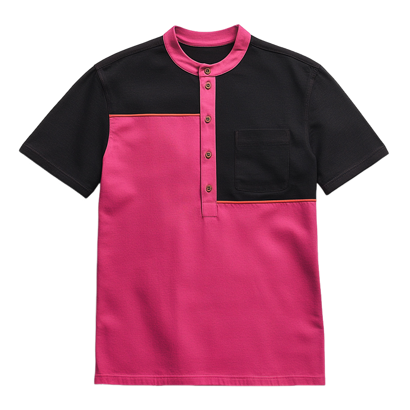 Men's Retro Casual Colorblock Henley Collar Short Sleeve T-Shirt 9930001809592