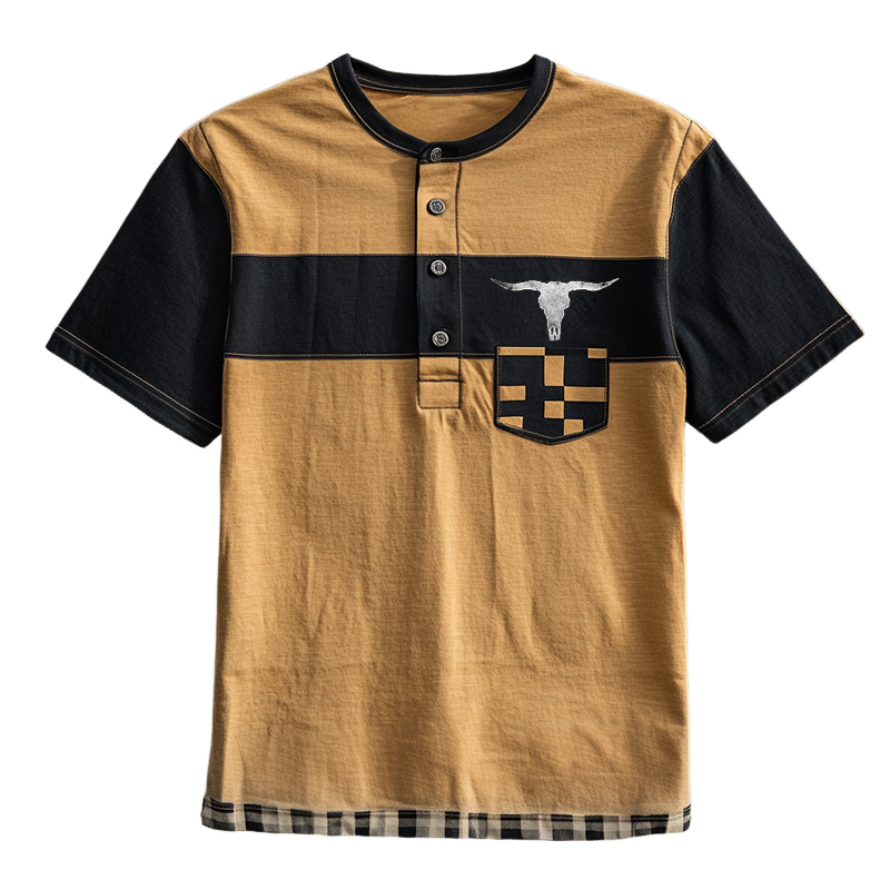Men's Retro Casual Western Bull Head Print Henley Neck Short Sleeve T-Shirt 9930001744056
