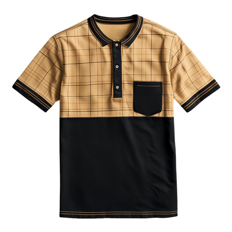 Men's Retro Casual Plaid Colorblock Pocket Lapel Short Sleeve T-Shirt 9930001645752