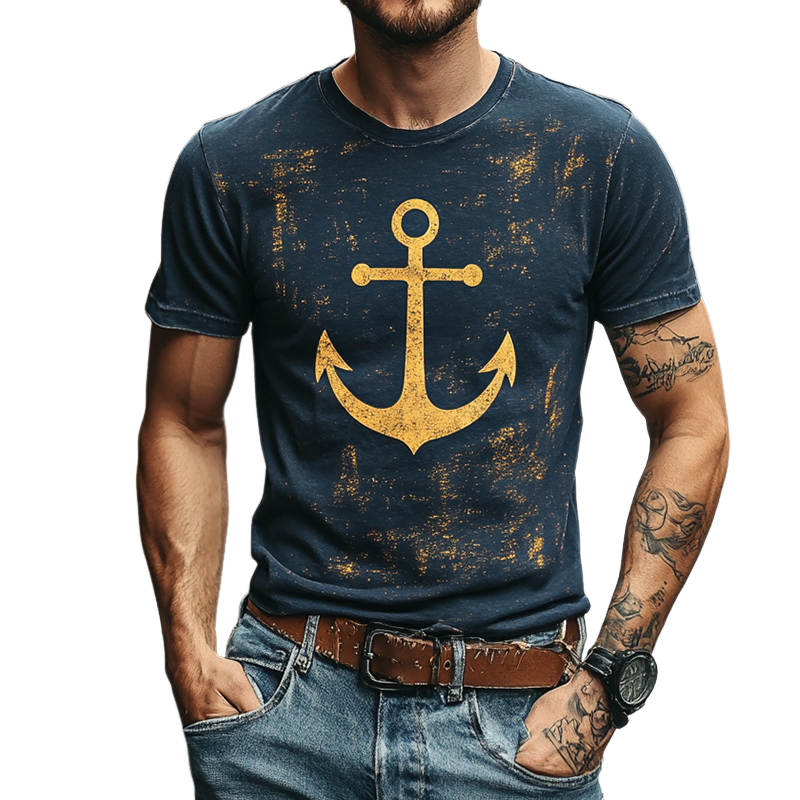 Men's Retro Casual Anchor Print Round Neck Short Sleeve T-Shirt 9930001875128