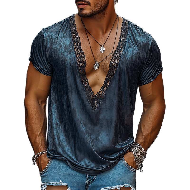 Men's Fashion Retro Sexy Lace Stitching Satin Printed Deep V Neck T-Shirt 9930000859320