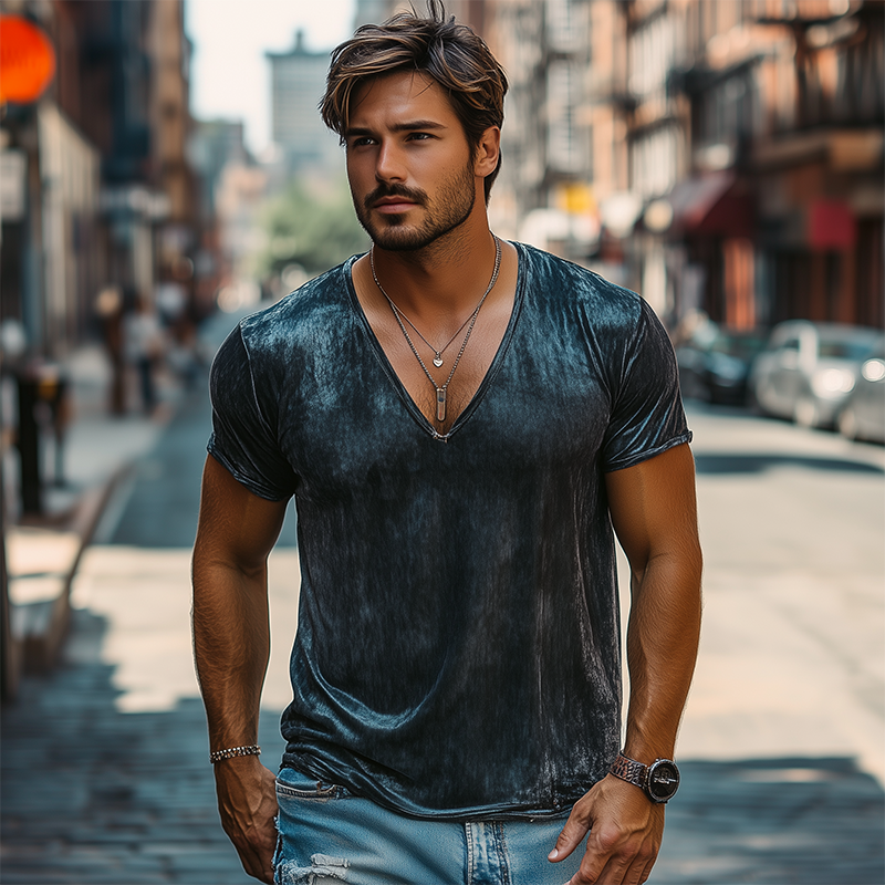 Men's Spring and Summer Fashion Leisure Silk Cotton Deep V Neck T-shirt 9930000924856