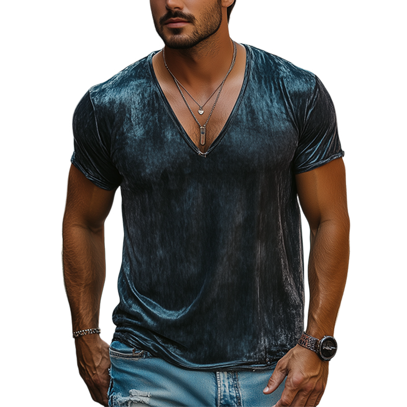 Men's Spring and Summer Fashion Leisure Silk Cotton Deep V Neck T-shirt 9930000924856