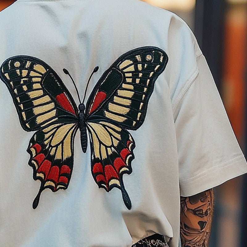 Men's Butterfly Embroidered Round Neck Short Sleeve T-Shirt 9934848229560