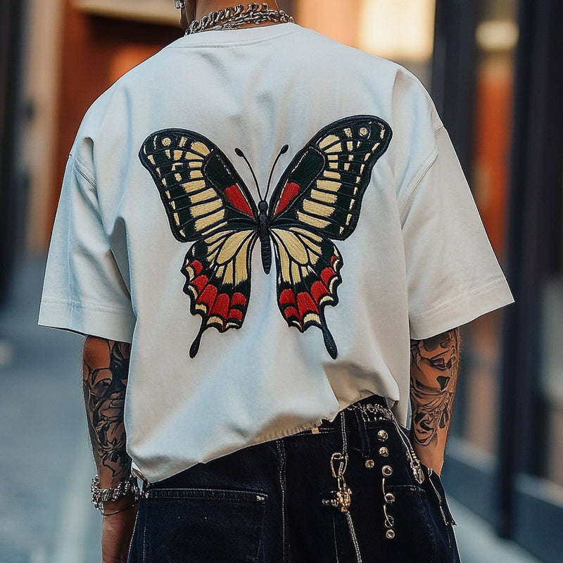 Men's Butterfly Embroidered Round Neck Short Sleeve T-Shirt 9934848229560