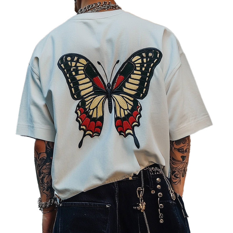 Men's Butterfly Embroidered Round Neck Short Sleeve T-Shirt 9934848229560