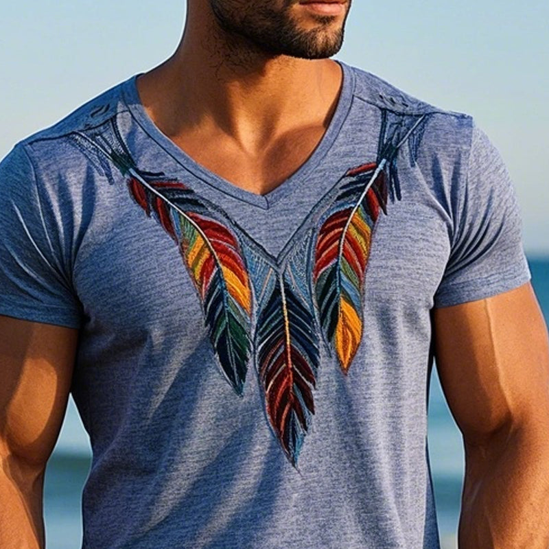 Men's Blend Vintage Feather Embroidered Short Sleeve T-Shirt 9934847967416