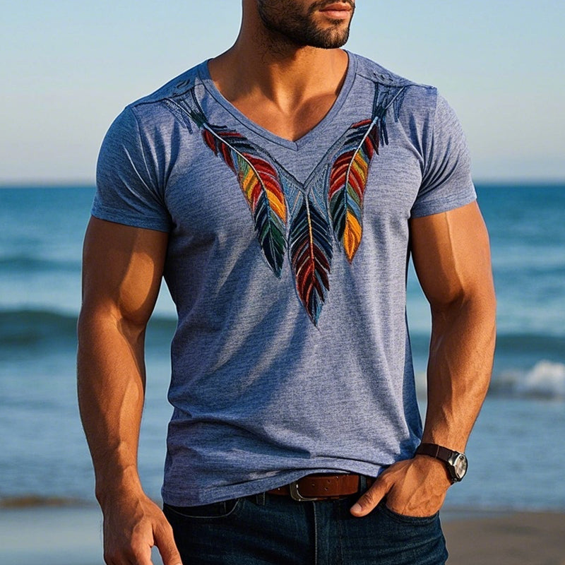 Men's Blend Vintage Feather Embroidered Short Sleeve T-Shirt 9934847967416