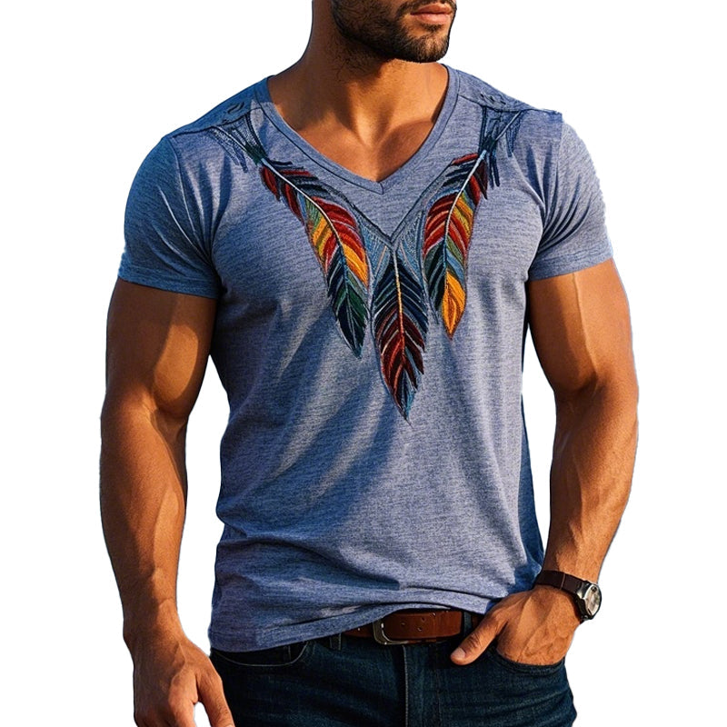Men's Blend Vintage Feather Embroidered Short Sleeve T-Shirt 9934847967416