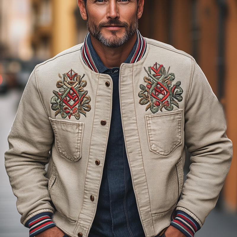 Men's Khaki Grainy Textured Embroidered Jacket 9934847606968