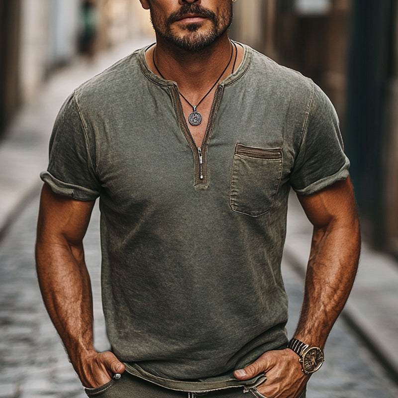Men's Dark Green Distressed Half-Zip Casual Skin Friendly T-Shirt 9934847803576