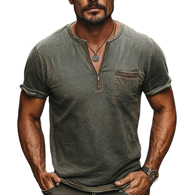 Men's Dark Green Distressed Half-Zip Casual Skin Friendly T-Shirt 9934847803576