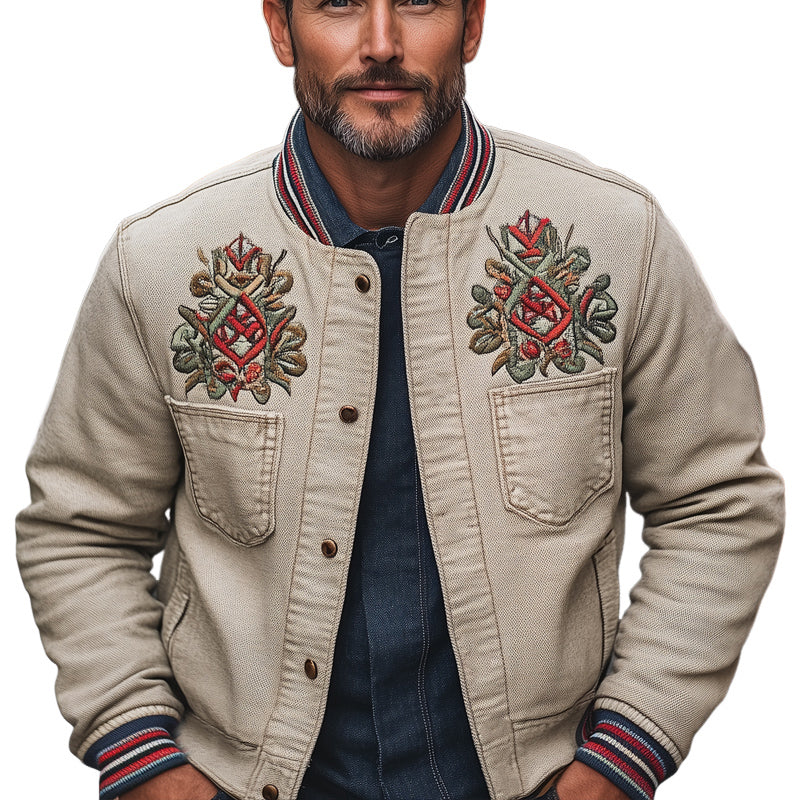 Men's Khaki Grainy Textured Embroidered Jacket 9934847606968