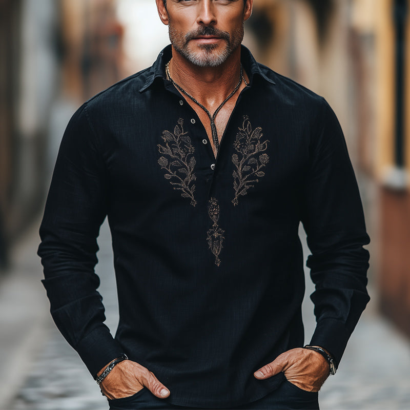 Men's Comfortable Cotton and Linen Embroidered Button Collar T-Shirt 9934842527928