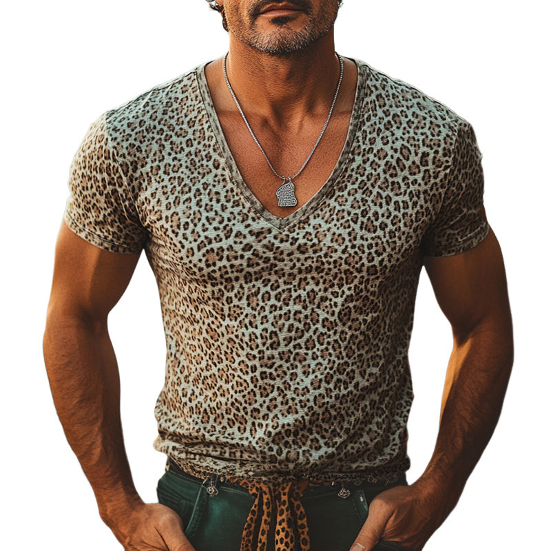 Men's Summer Comfortable V-Neck Leopard Print T-Shirt 9934844133560