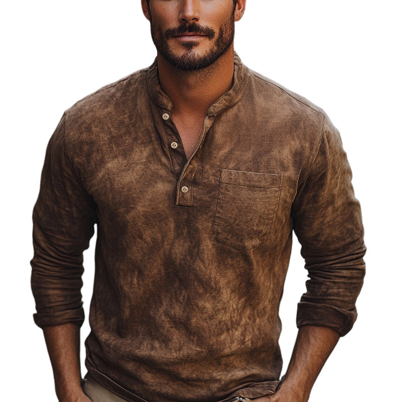 Men's Brown Tie-Dye Button-Down Cotton Long Sleeve T-Shirt 9934840561848