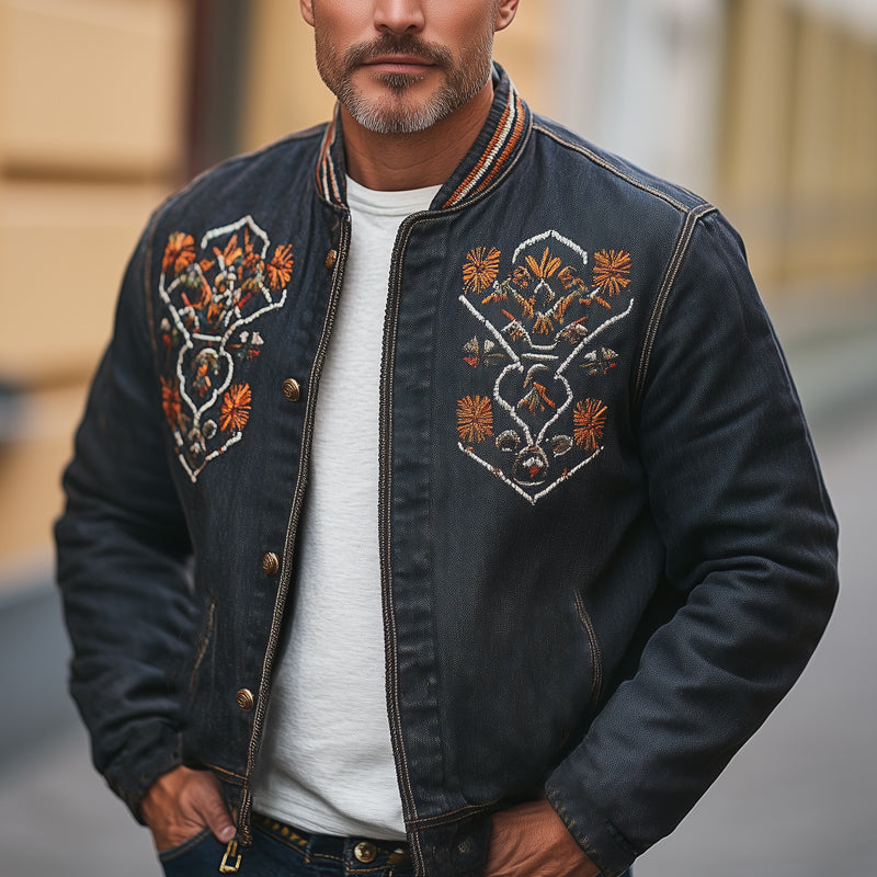 Men's Vintage Western Denim Distressed Embroidered Button Up Jacket 9942367076536