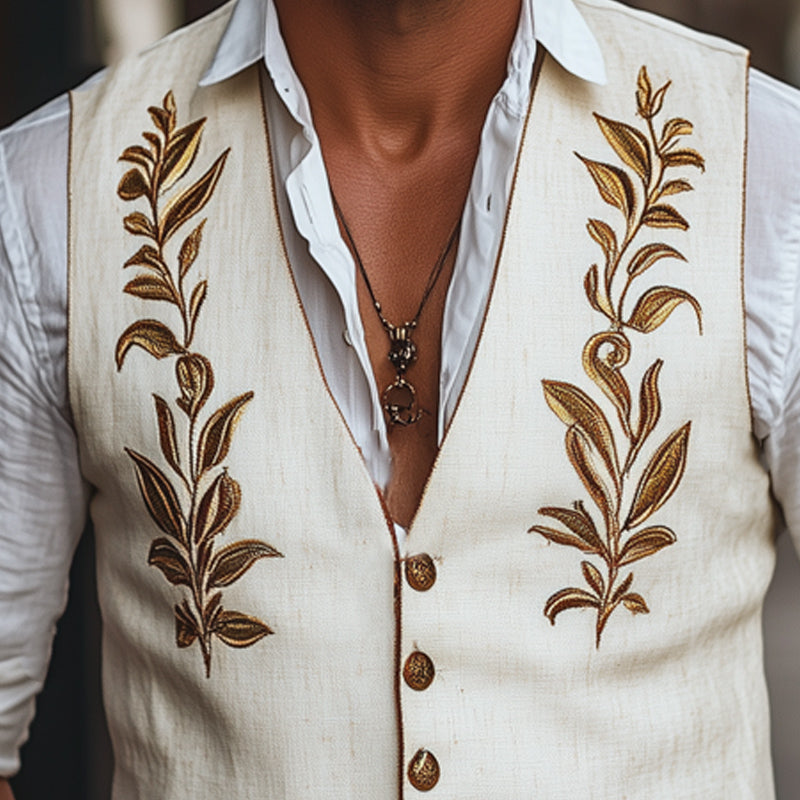 Men's Vintage Cotton and Linen Gold Embroidered Vest 9934841741496