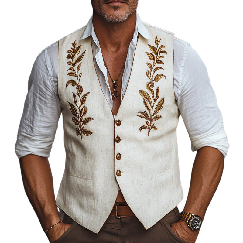 Men's Vintage Cotton and Linen Gold Embroidered Vest 9934841741496