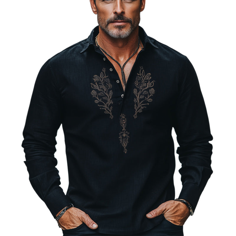 Men's Comfortable Cotton and Linen Embroidered Button Collar T-Shirt 9934842527928