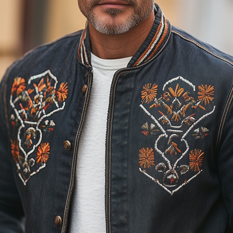 Men's Vintage Western Denim Distressed Embroidered Button Up Jacket 9942367076536
