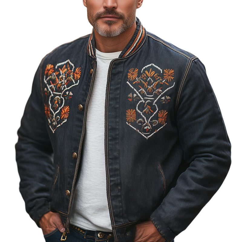 Men's Vintage Western Denim Distressed Embroidered Button Up Jacket 9942367076536