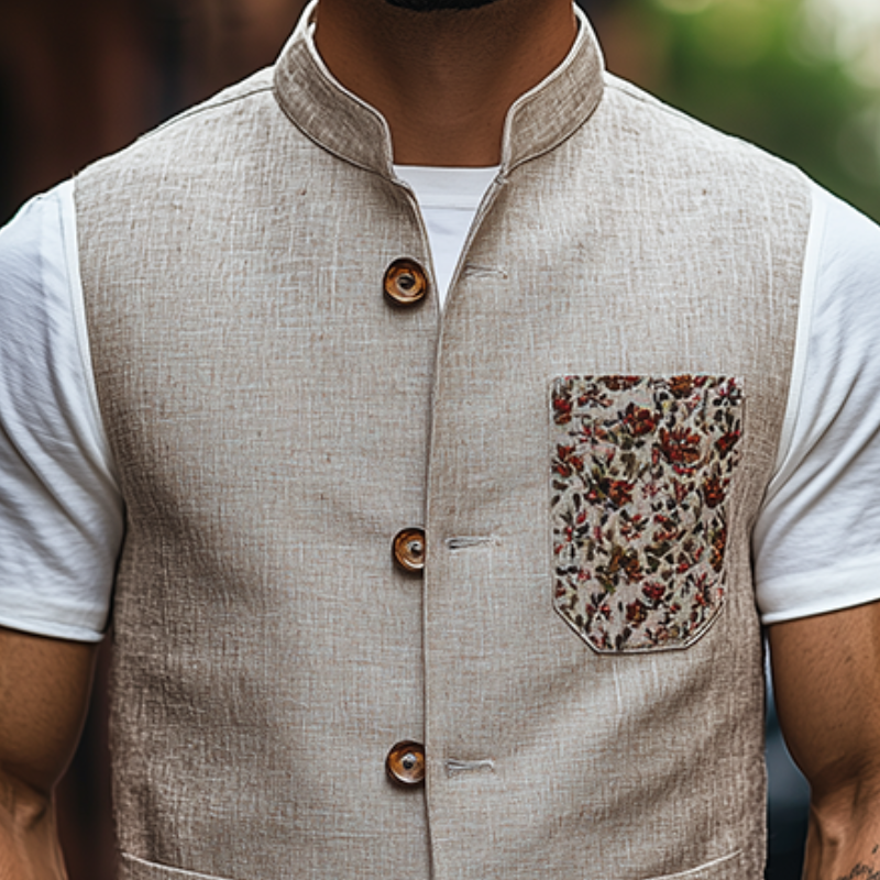 Men's Spring Fashion Retro Stand Collar Embroidered Ramie Vest 9940337787064
