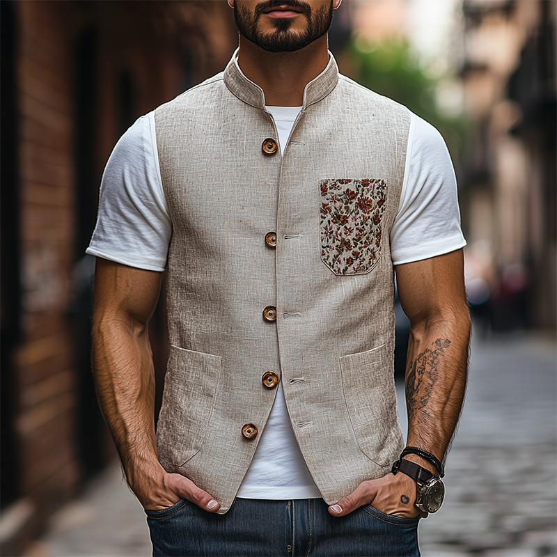 Men's Spring Fashion Retro Stand Collar Embroidered Ramie Vest 9940337787064