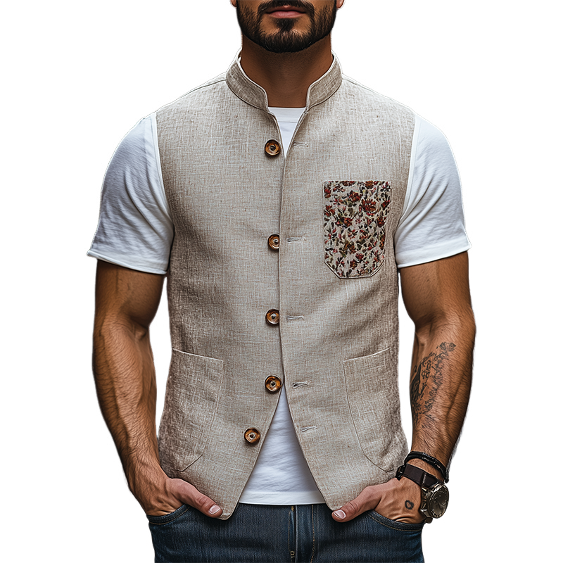 Men's Spring Fashion Retro Stand Collar Embroidered Ramie Vest 9940337787064