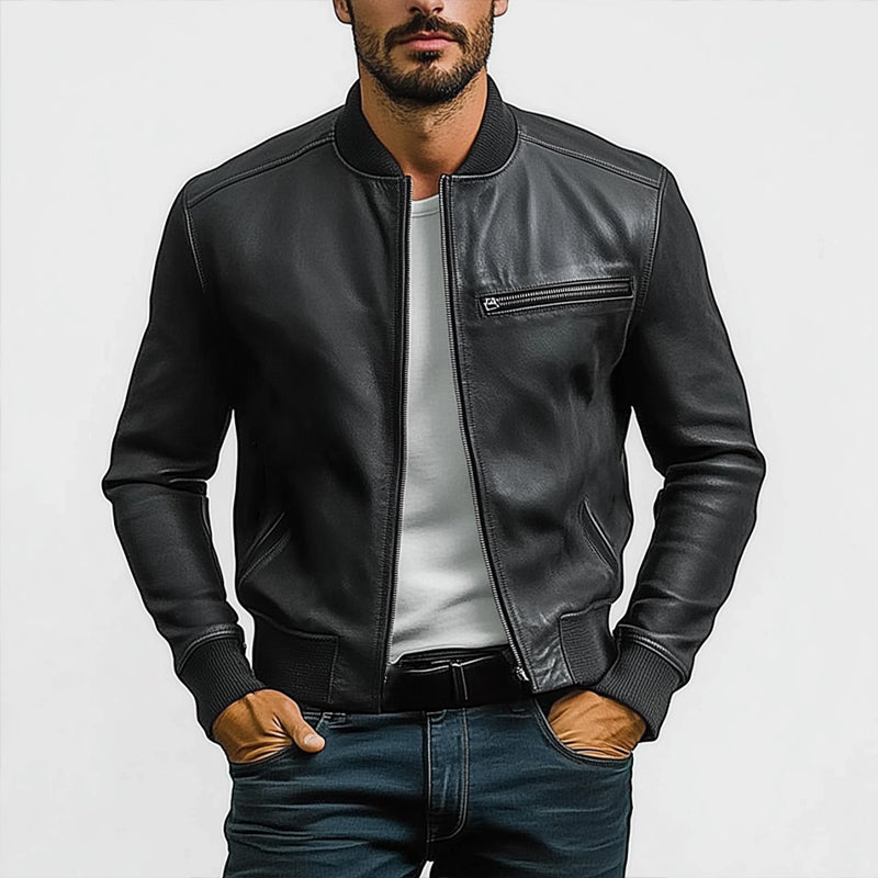 Men's Spring and Autumn Pure Black PU Leather Jacket 9940335820984