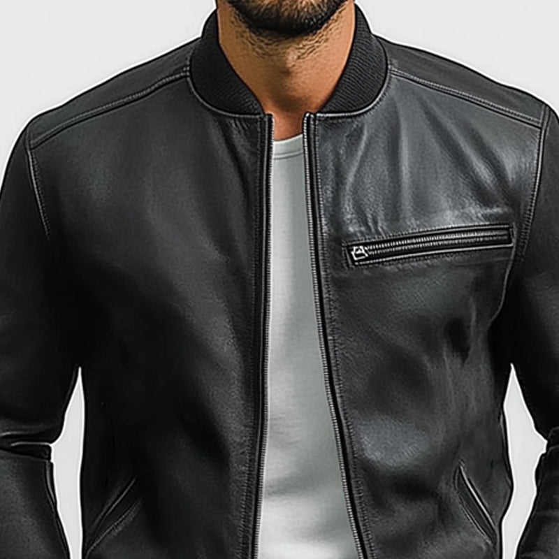 Men's Spring and Autumn Pure Black PU Leather Jacket 9940335820984