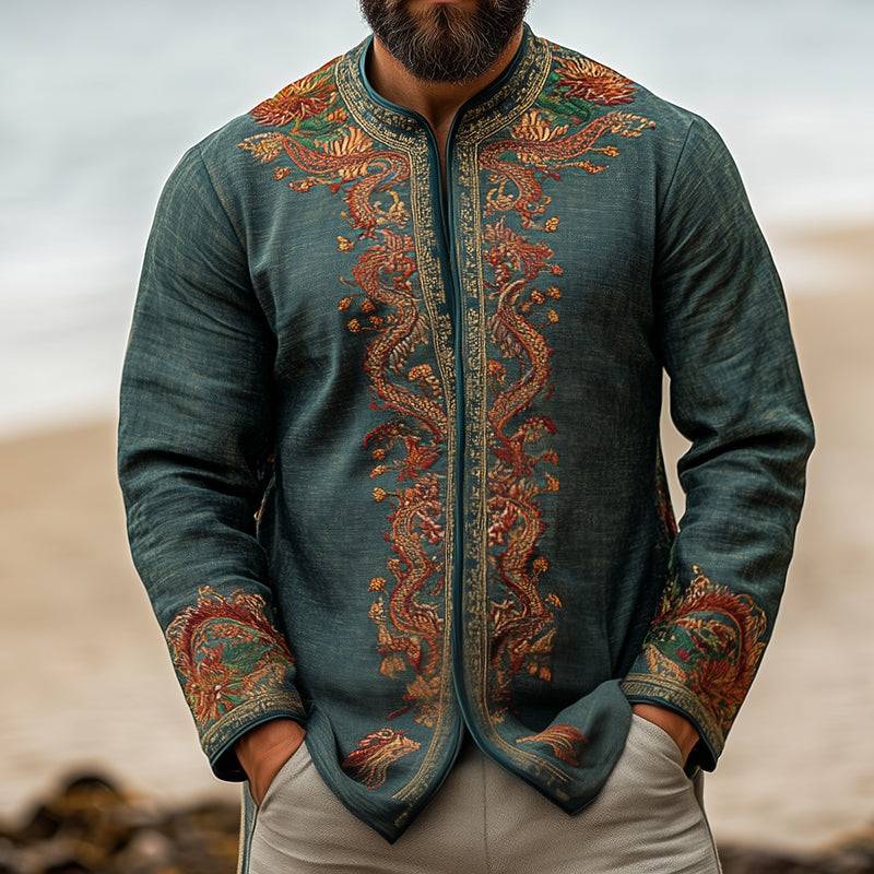 Men's Retro Casual Embroidered Collarless Long Sleeve Shirt Jacket 9944187601080