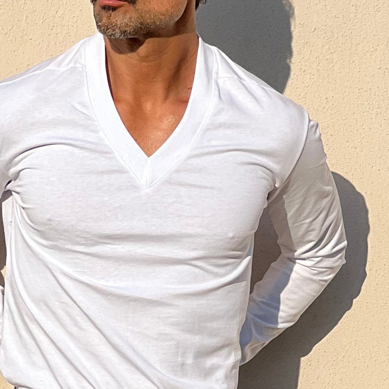 Men's Solid Color Blend V-Neck Long Sleeve T-Shirt 9942358687928