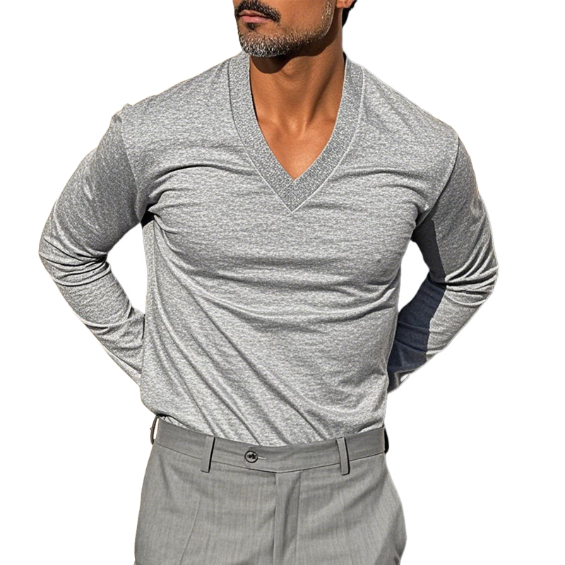 Men's Solid Color Blend V-Neck Long Sleeve T-Shirt 9942358687928