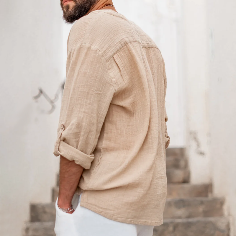 Men's Solid Cotton And Linen Henley Collar Long Sleeve Shirt 9942354395320