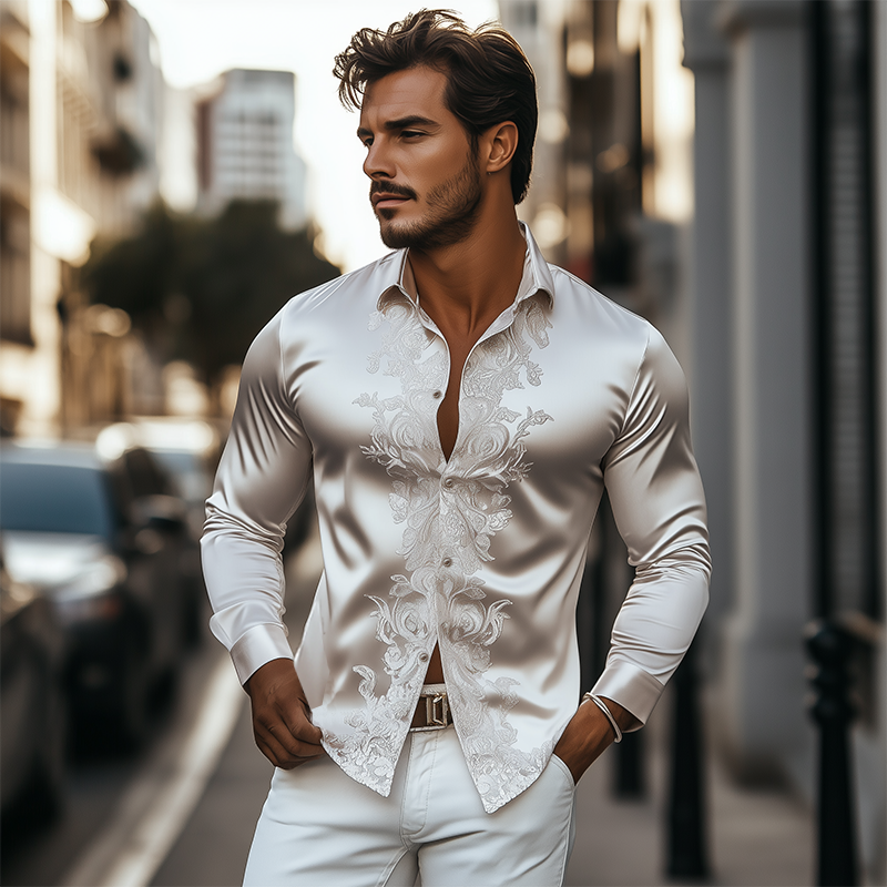 Men's Spring Fashion Classic Retro Satin Embroidery Slim Fit Long Sleeve Shirt 9944190189752