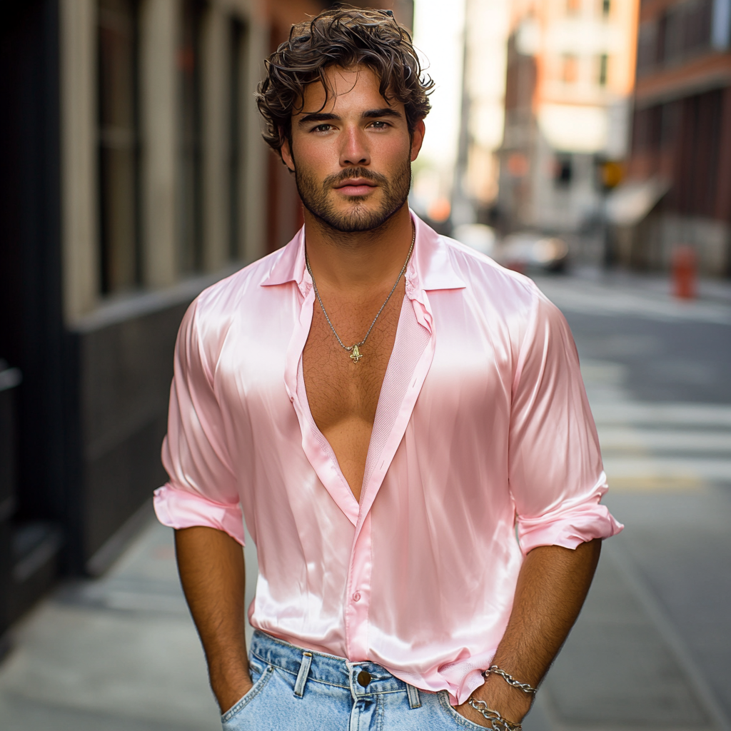 Men's Spring Fashion Casual Satin Glossy Long Sleeve Shirt 9944188092600