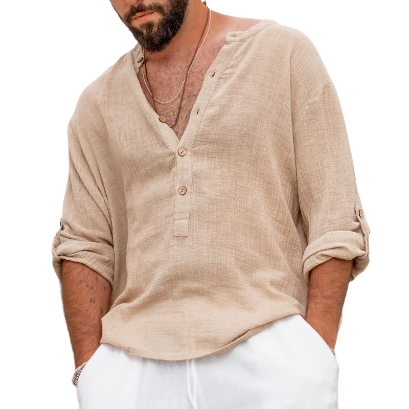 Men's Solid Cotton And Linen Henley Collar Long Sleeve Shirt 9942354395320
