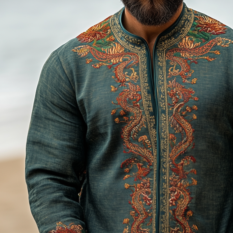 Men's Retro Casual Embroidered Collarless Long Sleeve Shirt Jacket 9944187601080