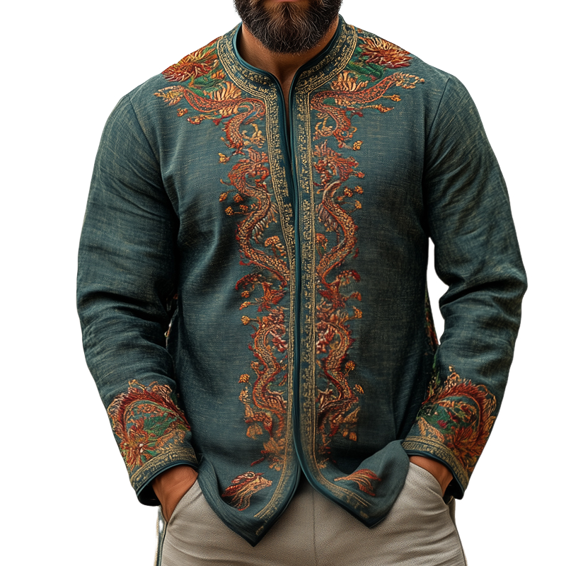 Men's Retro Casual Embroidered Collarless Long Sleeve Shirt Jacket 9944187601080