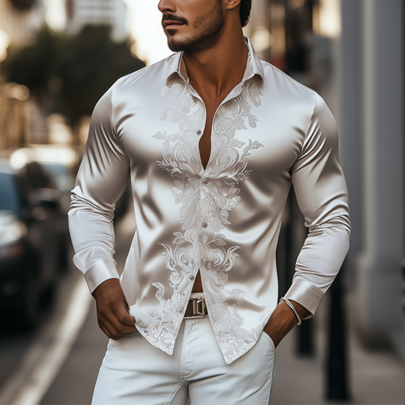 Men's Spring Fashion Classic Retro Satin Embroidery Slim Fit Long Sleeve Shirt 9944190189752