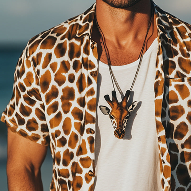 Men's Summer Fashion Giraffe Texture Print Casual Short Sleeve Shirt 9944186781880