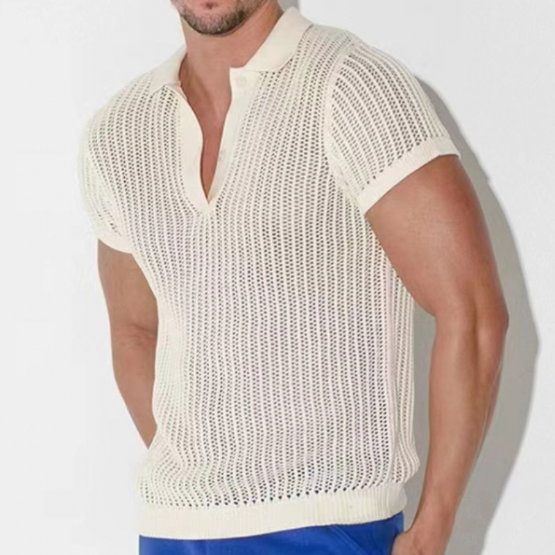 Men's Summer Fashion Casual V-neck Sexy Knitted Short Sleeve T-shirt 9949421338808