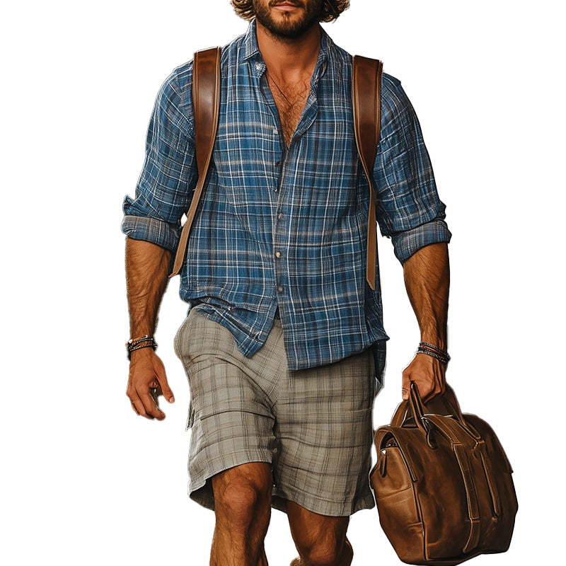 Men's Western Retro Plaid Print Long Sleeve Shirt Shorts Set 9949420191928
