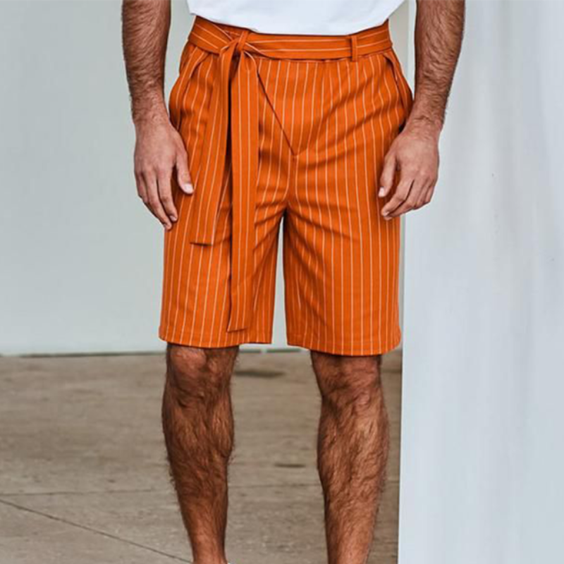 Men's Spring/Summer Fashion Striped Casual Knee-Length Shorts (Belt Included) 9949421109432