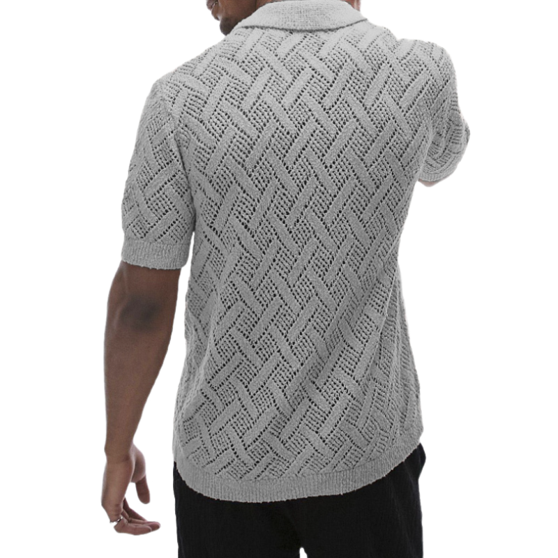 Men's Casual Geometric Jacquard Lapel Slim Fit Short Sleeve Knitted Cardigan 9952302006456